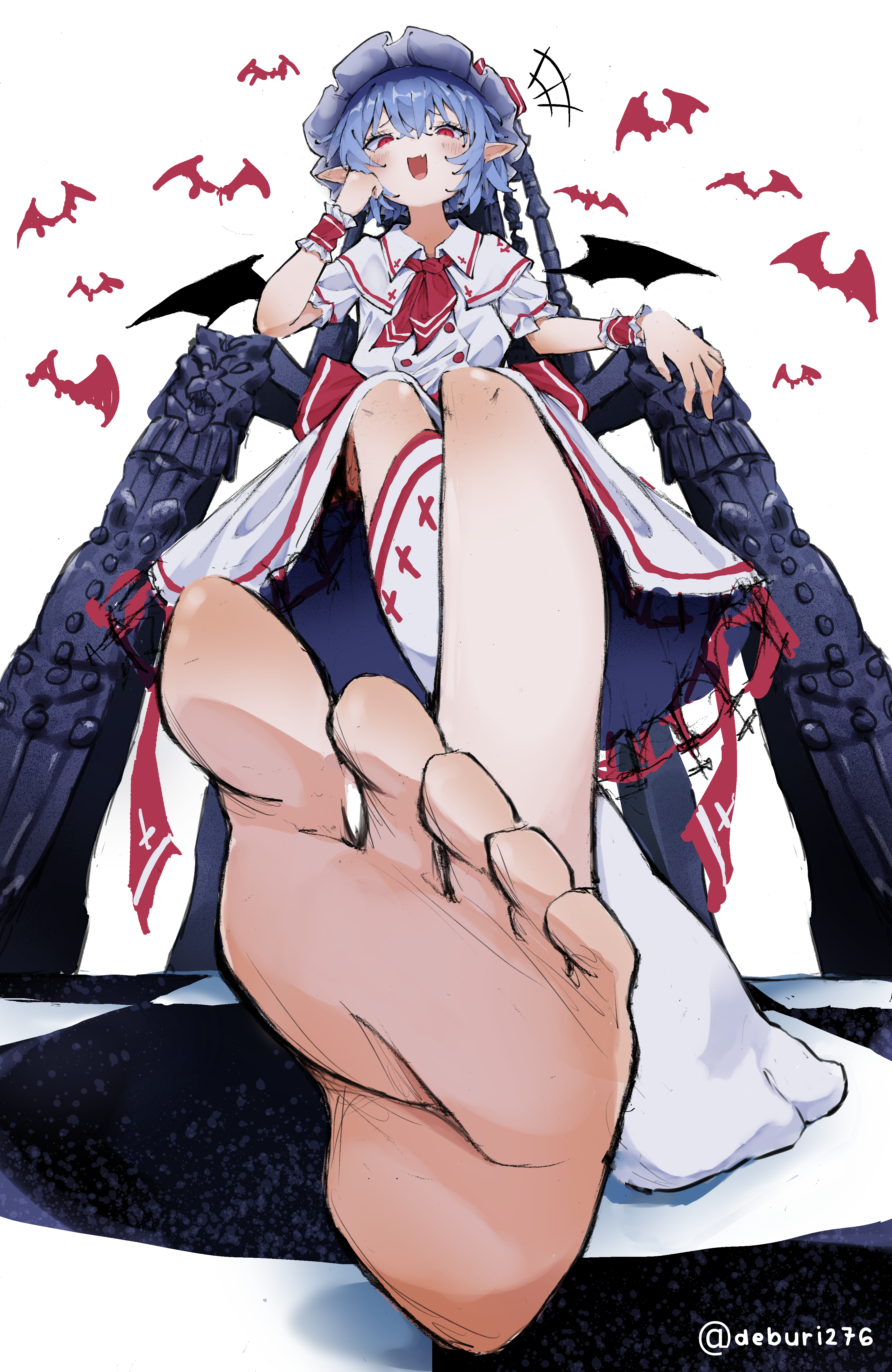 1girl :d absurdres armchair back_bow bat_(animal) bat_wings black_wings blue_hair blush bow buttons chair checkered_floor collared_dress cross cross_print deburi276 double-breasted dress english_text fang feet foot_focus foreshortening frilled_cuffs full_body hat head_rest highres kneehighs looking_at_viewer looking_down mob_cap neckerchief on_chair open_mouth pointy_ears puffy_short_sleeves puffy_sleeves red_bow red_eyes red_neckerchief remilia_scarlet short_hair short_sleeves single_kneehigh single_sock sitting skin_fang smile socks soles solo toes touhou twitter_username white_background white_dress white_hat white_socks wings wrist_cuffs