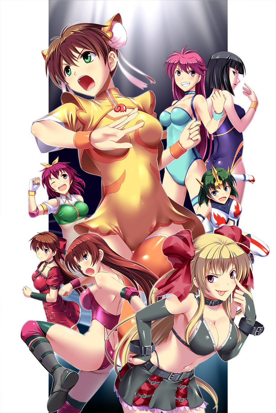 6+girls :p back-to-back black_hair blonde_hair blue_eyes blue_leotard boots bow breasts brown_hair bun_cover cleavage collar corey_sniper corset digdug006 double_bun dress green_eyes green_hair hair_bow hair_ribbon highres kanamori_reiko leotard long_hair medium_breasts mighty_yukiko minagawa_harumi minami_toshimi multiple_girls mutou_megumi open_mouth pink_hair purple_eyes ribbon short_hair skirt smile sonic_cat sophia_richards sports_bra thigh_boots thighhighs tongue tongue_out twintails very_long_hair wrestle_angels wrestle_angels_survivor wrestle_angels_survivor_2 wrestling_outfit wristband yellow_leotard
