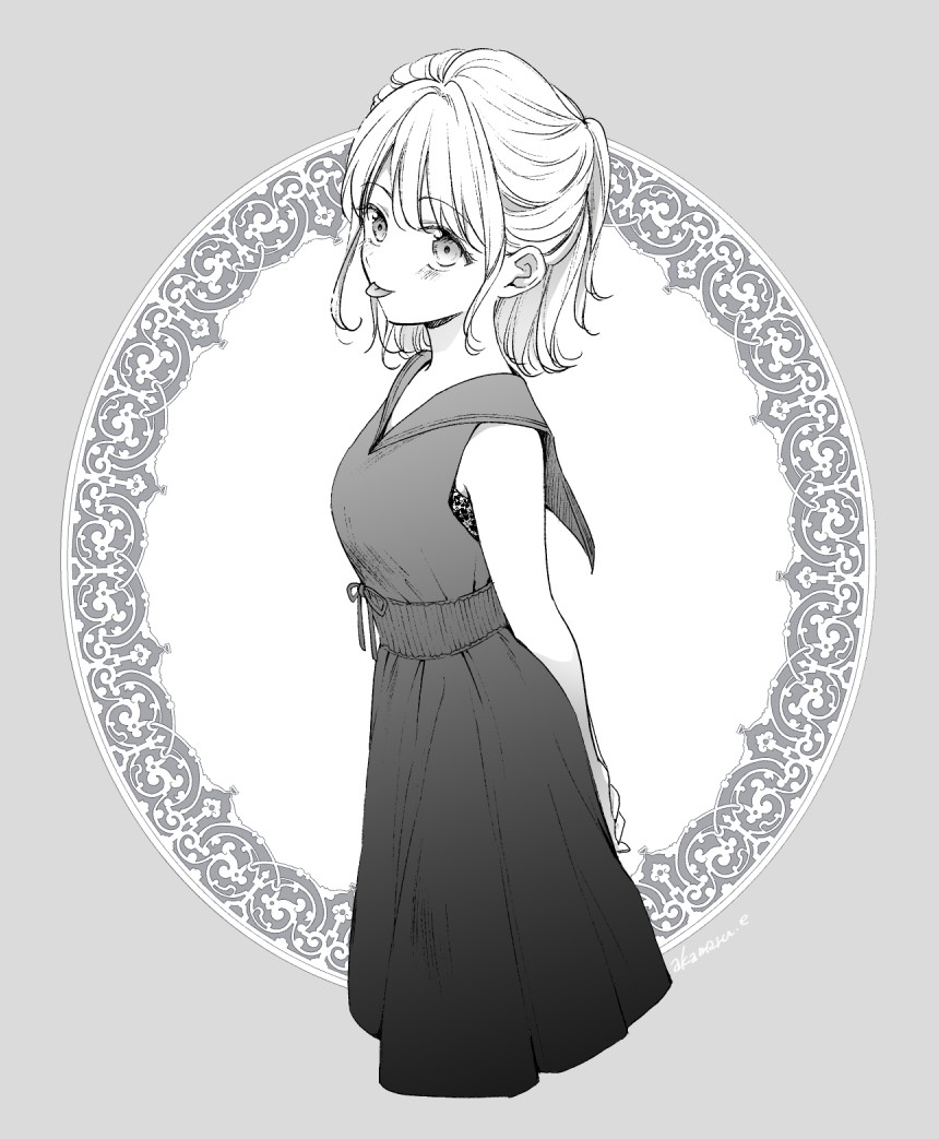 1girl :p akmr_enmt arms_behind_back bare_arms blush bra bra_peek breasts dress from_side greyscale half_updo looking_at_viewer medium_breasts medium_hair monochrome no_dickey original sailor_collar sidelocks sleeveless sleeveless_dress solo standing tongue tongue_out underwear waist_ribbon