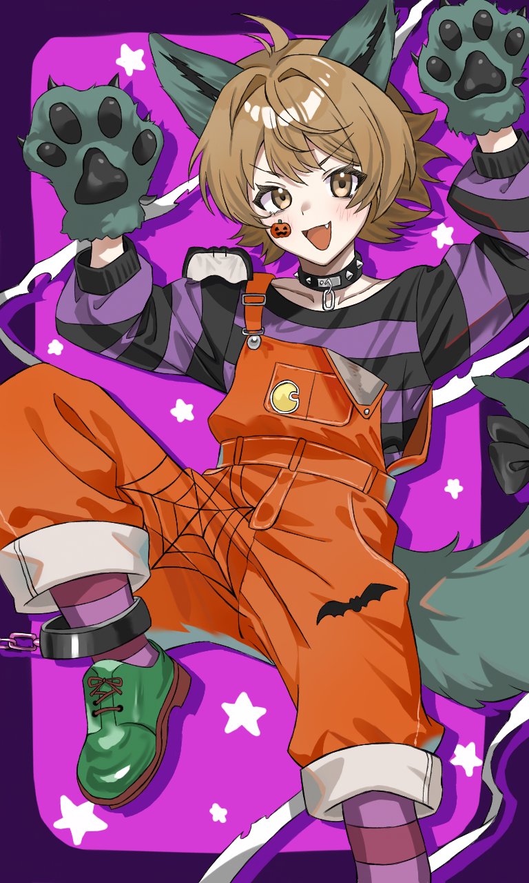 1girl animal_ears animal_hands animal_print bat_background bat_print brown_eyes brown_hair crab_on_shoulder fang ghost_costume gloves halloween_costume highres kantai_collection oboro_(halloween)_(kancolle) oboro_(kancolle) official_alternate_costume open_mouth orange_overalls overalls paw_gloves print_overalls purple_shirt shirt short_hair smile solo spider_web_print sticker sticker_on_face striped_clothes striped_shirt tail wolf_ears wolf_tail yakizakana_(sakana_u_u)