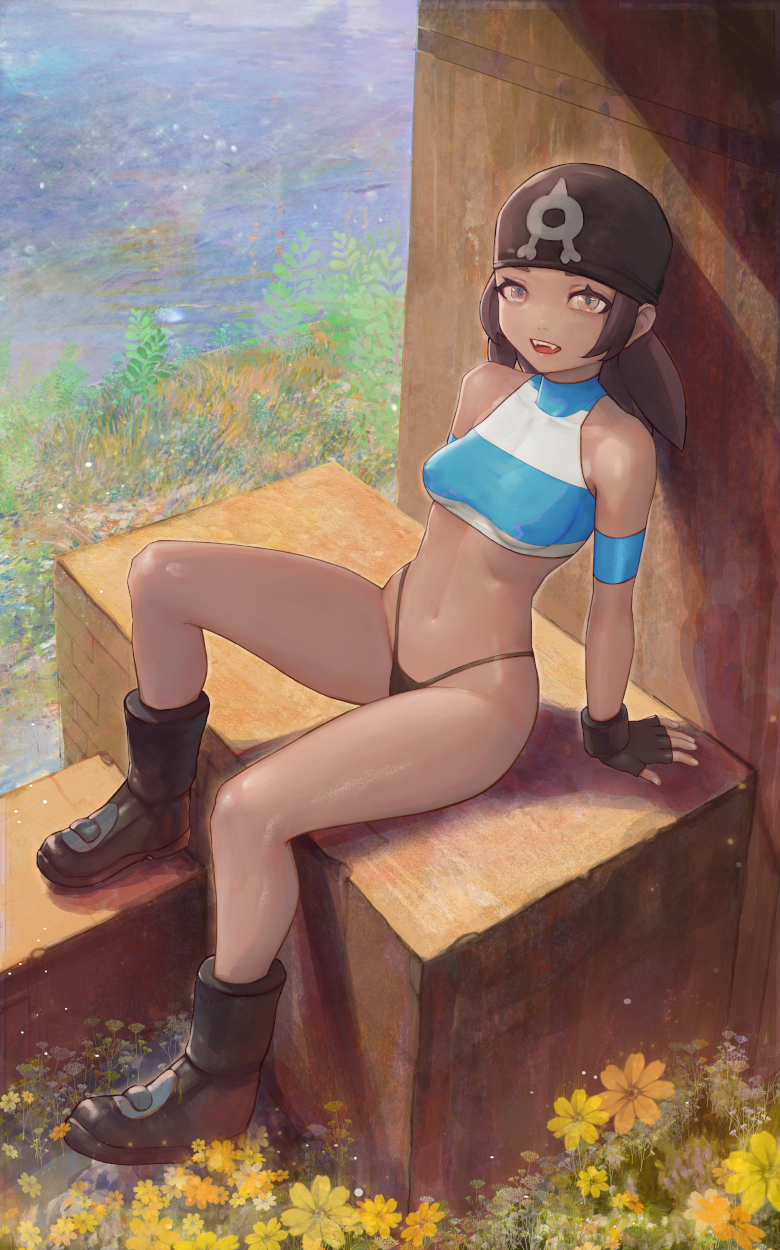 1girl :d bandana black_panties boots breasts brown_eyes brown_hair covered_erect_nipples fangs fingerless_gloves full_body gloves highres looking_at_viewer medium_breasts midriff nintendo open_mouth outdoors panties pokemon pokemon_oras sitting smile solo team_aqua team_aqua_grunt team_aqua_grunt_(female) thighs underwear yugen99