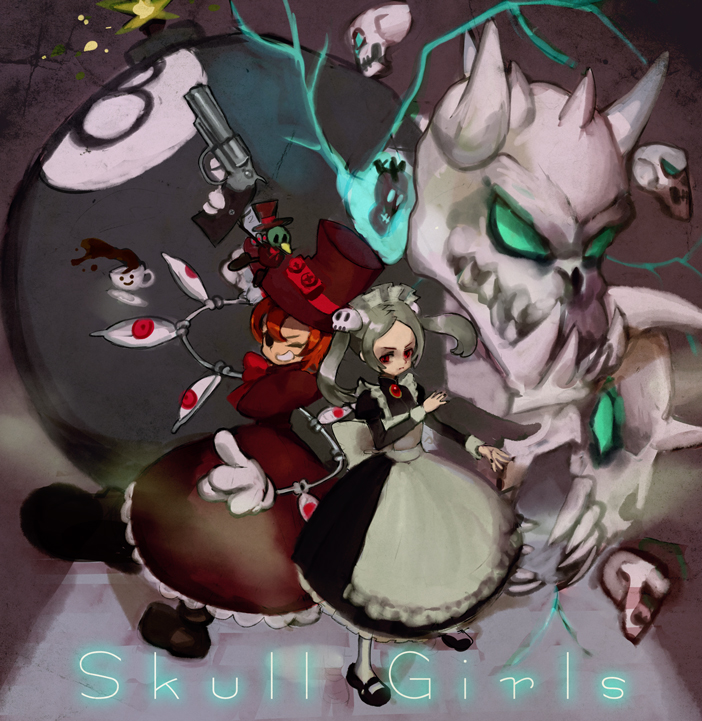 2girls apron avery_(skullgirls) back-to-back bloody_marie_(skullgirls) bomb coffee dress explosive from_above gloves green_eyes grey_hair gun hair_ornament handgun hat lenny_the_bomb maid maid_headdress multiple_girls one_eye_closed orange_hair peacock_(skullgirls) red_eyes revolver skeleton skull skull_hair_ornament skull_heart skullgirls smile standing tanakalma top_hat twintails weapon wink