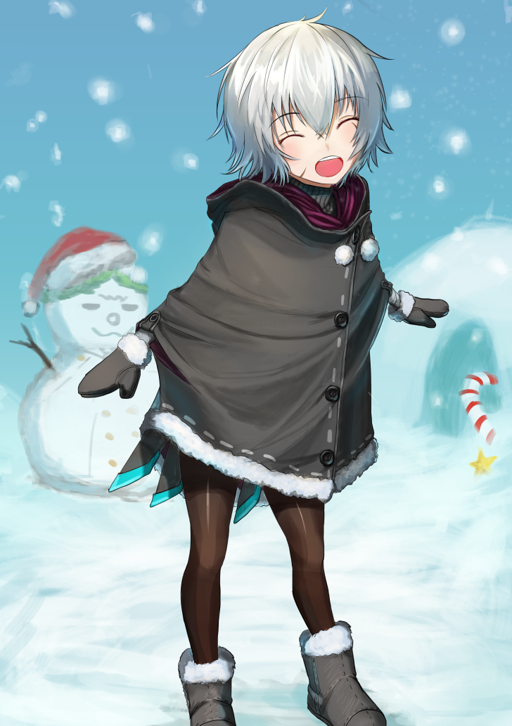 1boy ^_^ bad_id bad_pixiv_id black_pantyhose closed_eyes day fate_(series) full_body hair_between_eyes igloo izumo_(ton_63) jack_the_ripper_(fate/apocrypha) male_focus open_mouth outdoors pantyhose shiny_clothes short_hair silver_hair snow_shelter snowing snowman solo standing