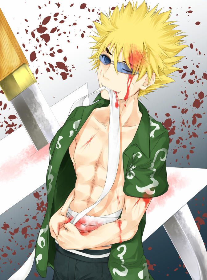 1boy abs alternate_eyebrows bandage_in_mouth bandaged_waist bandages blonde_hair blood blood_in_hair blood_on_arm blood_on_clothes blood_on_face blood_on_hands clenched_teeth commentary_request green_skirt hawaiian_shirt holding_bandages injury looking_at_viewer mismatched_eyebrows one_eye_closed open_clothes open_shirt shin_(highest1192) shirt shirt_on_shoulders short_hair skirt spiked_hair sunglasses teeth toaru_majutsu_no_index toaru_majutsu_no_index:_old_testament toned toned_male tsuchimikado_motoharu upper_body