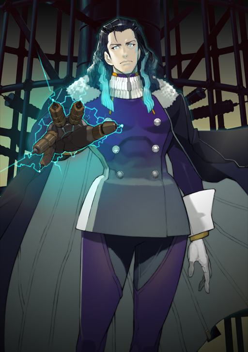 1boy aqua_eyes aqua_hair arm_at_side black_cape black_hair buttons cape chaps closed_mouth cowlick double-breasted electricity fate/grand_order fate_(series) feet_out_of_frame fur-trimmed_cape fur_trim gloves gradient_clothes gradient_jacket grey_jacket grey_pants hair_slicked_back hand_up high_collar jacket lightning long_hair long_sleeves looking_at_viewer male_focus mechanical_arms multicolored_hair namaniku_atk nikola_tesla_(fate) official_art outstretched_hand pants purple_jacket purple_pants science_fiction single_mechanical_arm solo standing third-party_source two-tone_hair variant_set white_gloves