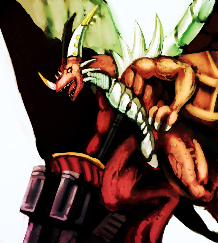 digimon digimon_(creature) examon horns lance polearm sharp_teeth solo teeth weapon wings