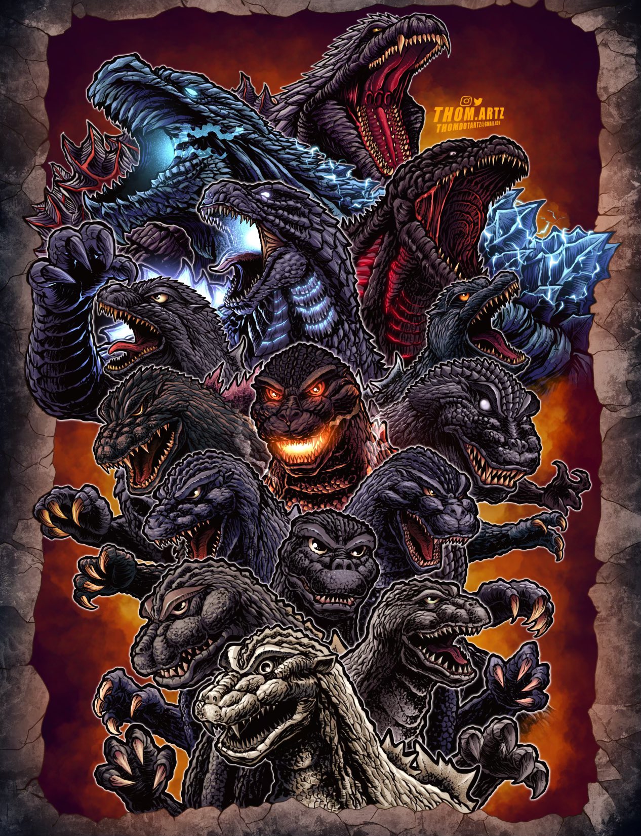 blue_electricity blue_eyes burning_godzilla claws crossover dinosaur electricity energy everyone extra_teeth fangs giant giant_monster gills glowing glowing_eyes glowing_gills glowing_mouth glowing_spikes godzilla godzilla,_mothra_and_king_ghidorah:_giant_monsters_all-out_attack godzilla:_final_wars godzilla:_king_of_the_monsters godzilla:_planet_of_the_monsters godzilla_(1954) godzilla_(series) godzilla_(shin) godzilla_against_mechagodzilla godzilla_earth godzilla_singular_point godzilla_ultima godzilla_vs._destoroyah godzilla_vs._megaguirus godzilla_vs._megalon_(1973) godzilla_vs._mothra highres kaiju king_kong_(series) king_kong_vs._godzilla legendary_pictures monster monsterverse mothra_vs._godzilla multiple_persona no_humans no_pupils open_mouth orange_eyes roaring sharp_teeth shin_godzilla signature smoke spikes steam teeth textless_version the_return_of_godzilla thomdotartz toho tongue white_eyes yellow_eyes