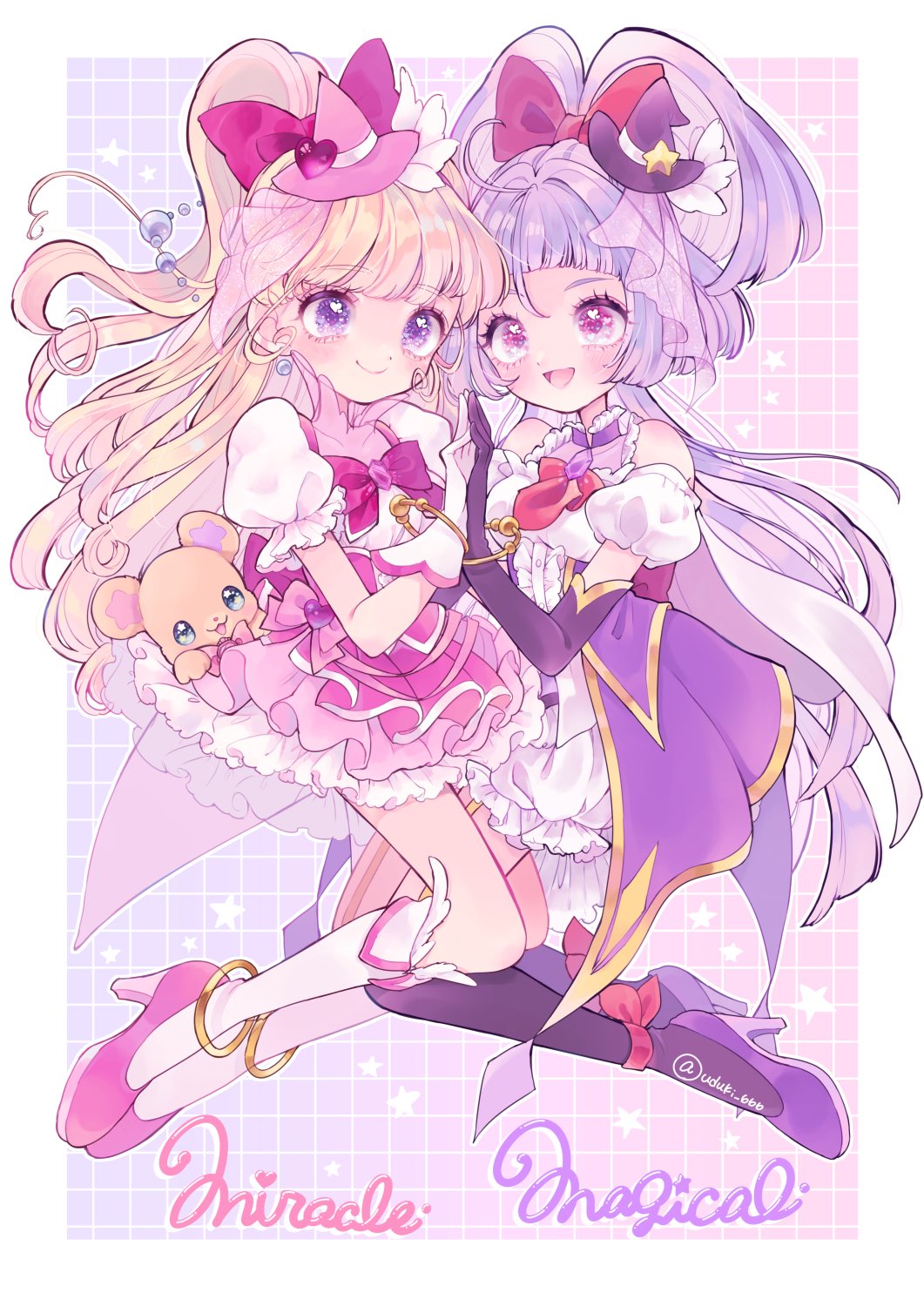 2girls :d ahoge anklet asahina_mirai back_bow black_gloves blonde_hair bloomers border bow bracelet brooch checkered_background collared_dress cure_magical cure_miracle detached_sleeves dress elbow_gloves floating fold-over_socks full_body gloves hair_bow hat high_heels high_ponytail highres izayoi_liko jewelry kneehighs long_hair looking_at_viewer magical_girl mahou_girls_precure! mini_hat mofurun_(mahou_girls_precure!) multiple_girls open_mouth pink_eyes pink_skirt ponytail precure puffy_short_sleeves puffy_sleeves purple_eyes purple_hair purple_skirt shoes short_bangs short_sleeves skirt smile socks underwear uzuki_aki white_dress white_gloves witch_hat