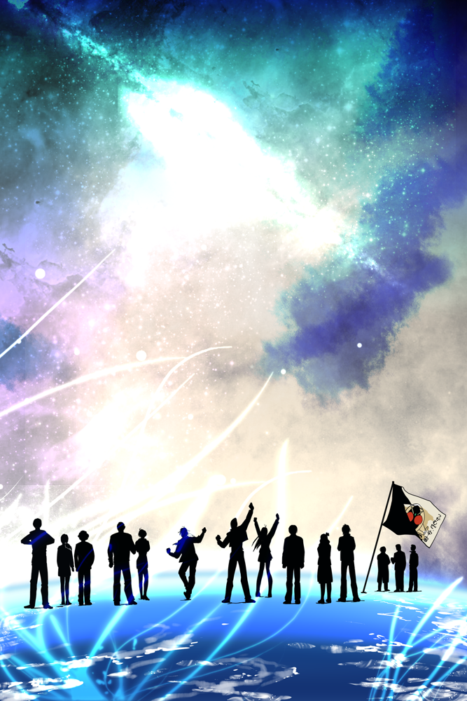 4girls 6+boys ashi_ura daimonji_shun emoto_kuniteru flag galaxy gamou_mitsuaki jk_(kamen_rider_fourze) joujima_yuuki kamen_rider kamen_rider_fourze_(series) kazashiro_miu kisaragi_gentarou kuroki_ran kusao_haru long_hair milky_way multiple_boys multiple_girls nozama_tomoko ohsugi_chuta sakuta_ryuusei short_hair silhouette sky star_(sky) starry_sky utahoshi_kengo utahoshi_rokuro
