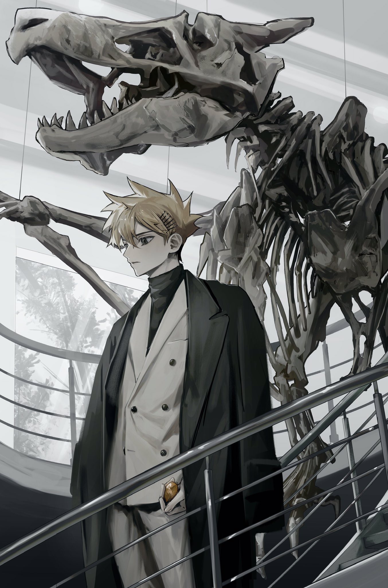 1boy aerodactyl aged_up black_coat black_eyes blue_oak brown_hair closed_mouth coat coat_on_shoulders game_freak gen_1_pokemon hair_ornament highres holding indoors jacket male_focus museum nintendo old_amber pants pokemon pokemon_(creature) pokemon_rgby sekaiitinoki short_hair skeleton solo spiked_hair stairs standing white_jacket white_pants
