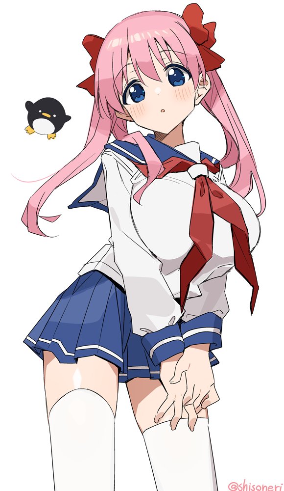 1girl artist_name blue_eyes blue_sailor_collar blue_skirt bow breasts cowboy_shot hair_bow haramura_nodoka kiyosumi_school_uniform large_breasts light_blush long_hair long_sleeves looking_at_viewer neckerchief parted_lips pink_hair pleated_skirt red_bow red_neckerchief sailor_collar saki_(manga) school_uniform serafuku shirt shisoneri simple_background skirt solo stuffed_animal stuffed_penguin stuffed_toy thighhighs twintails twitter_username v_arms white_background white_shirt white_thighhighs