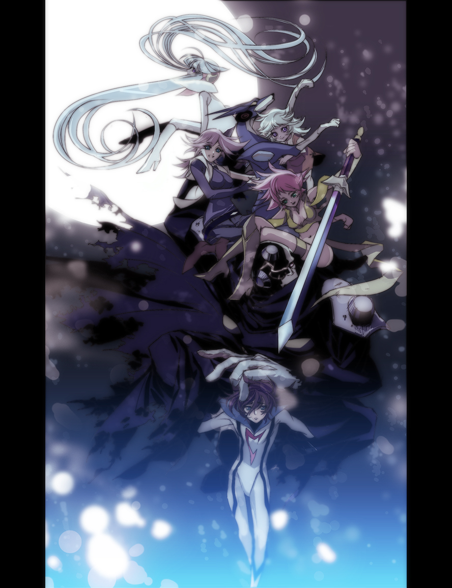 00s 1boy 4girls blue_eyes blue_hair bodysuit boots braiking_boss brown_hair casshern casshern_(series) casshern_sins cyborg friender full_moon green_eyes hideaki high_heels knee_boots long_hair luna_(casshern_sins) lyuze moon multiple_girls pink_hair ringo_(casshern_sins) shoes sophita sword thigh_strap very_long_hair vest weapon white_hair