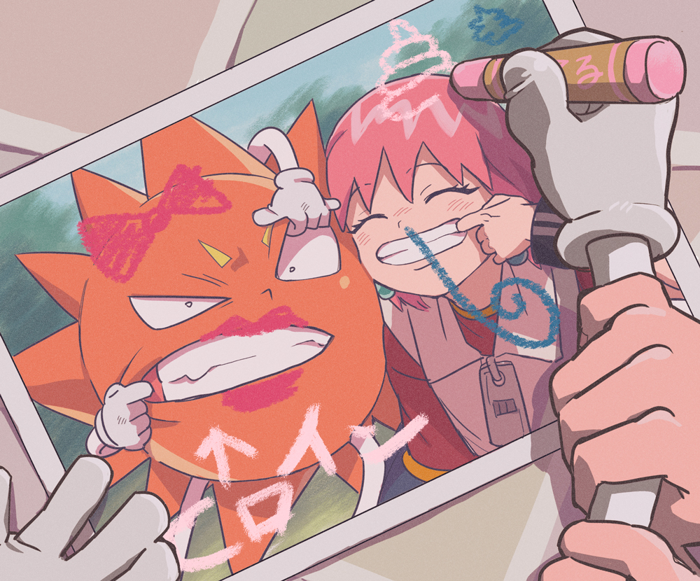 1boy 1girl beauty_(bobobo-bo_bo-bobo) bobobo-bo_bo-bobo bow bracelet cheek_pull crayon don_patch drawing_on_another&#039;s_face earrings eyelashes eyelid_pull gloves grin jacket jewelry maiko_(setllon) photo_(object) pink_hair red_bow red_shirt shirt short_hair smile translation_request white_gloves white_jacket zipper_pull_tab