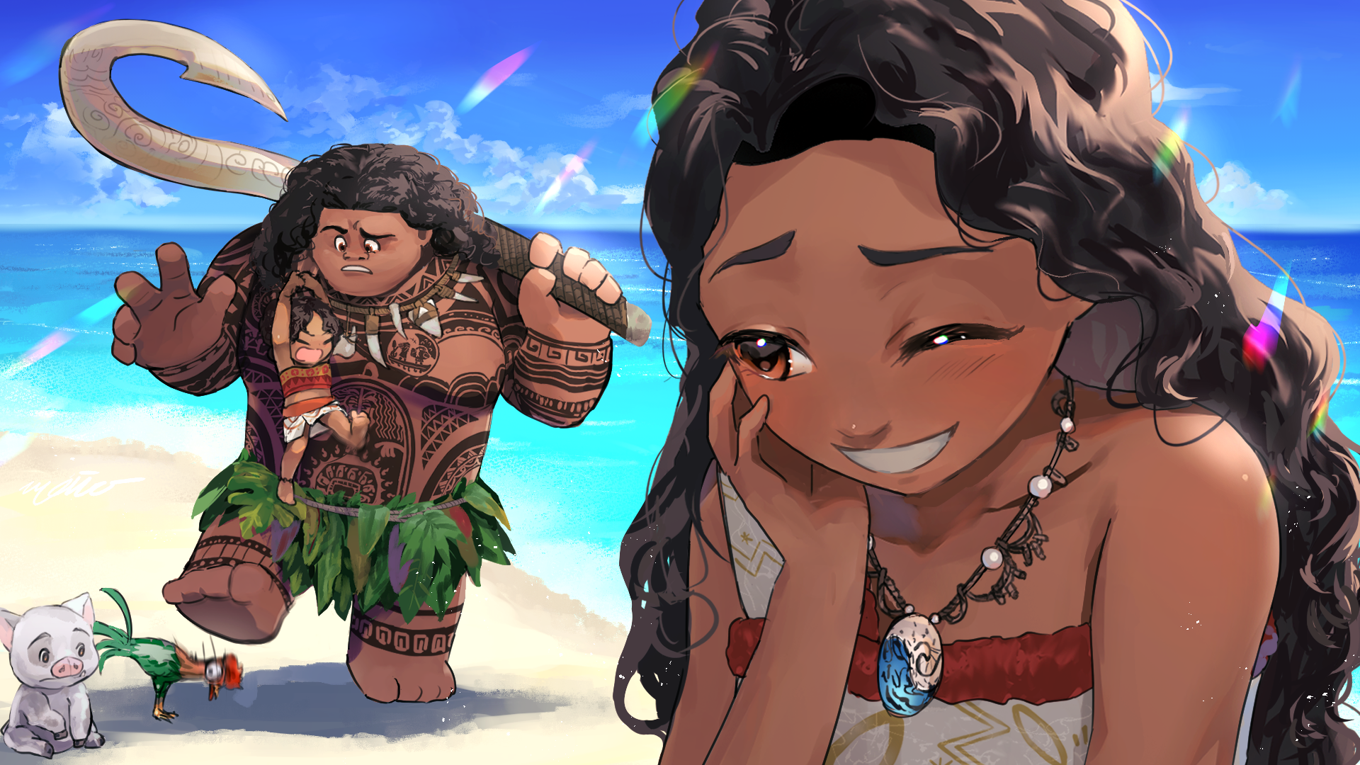1boy 1girl bare_shoulders barefoot bird black_hair brown_eyes brown_hair chicken curly_hair dark-skinned_female dark_skin element_bending flower hair_flower hair_ornament heihei_(moana) highres jewelry leaf_skirt long_hair looking_at_viewer maui_(moana) moana_(movie) moana_waialiki monokuroheddohonn necklace orange_tank_top orange_tube_top pig pua_(moana) smile strapless tank_top tattoo tattoo_sleeve tribal_tattoo tube_top water