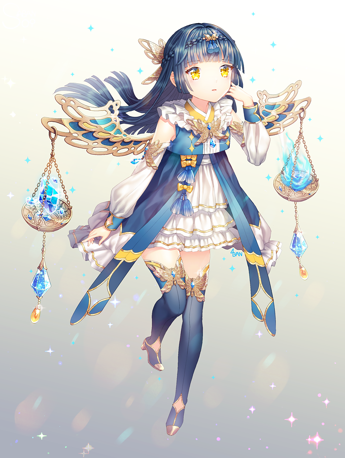 1girl balance_scale black_hair braid detached_sleeves female_focus gradient_background jewelry long_hair original saban solo thighhighs weighing_scale wings yellow_eyes