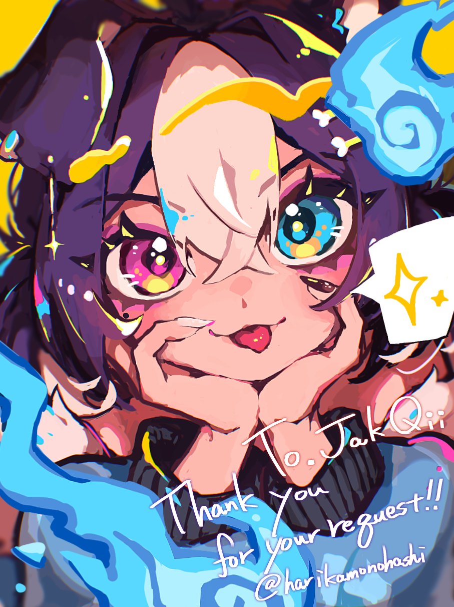 1girl :3 :p animal_ears artist_name black_hair black_nails blue_eyes blue_fire blue_sweater blurry bone_hair_ornament borrowed_character close-up closed_mouth colorful commission commissioner_name crossed_bangs depth_of_field dog_ears dog_girl double-parted_bangs droopy_ears eyelashes fingernails fire hair_between_eyes hair_ornament hands_on_own_chin hands_up happy harikamonohashi heterochromia highres hitodama long_fingernails long_sleeves looking_ahead mole mole_under_eye multicolored_hair multicolored_nails nail_polish original paint_splatter pink_eyes portrait second-party_source skeb_commission solo spoken_sparkle sweater thank_you tongue tongue_out white_hair white_nails yellow_background
