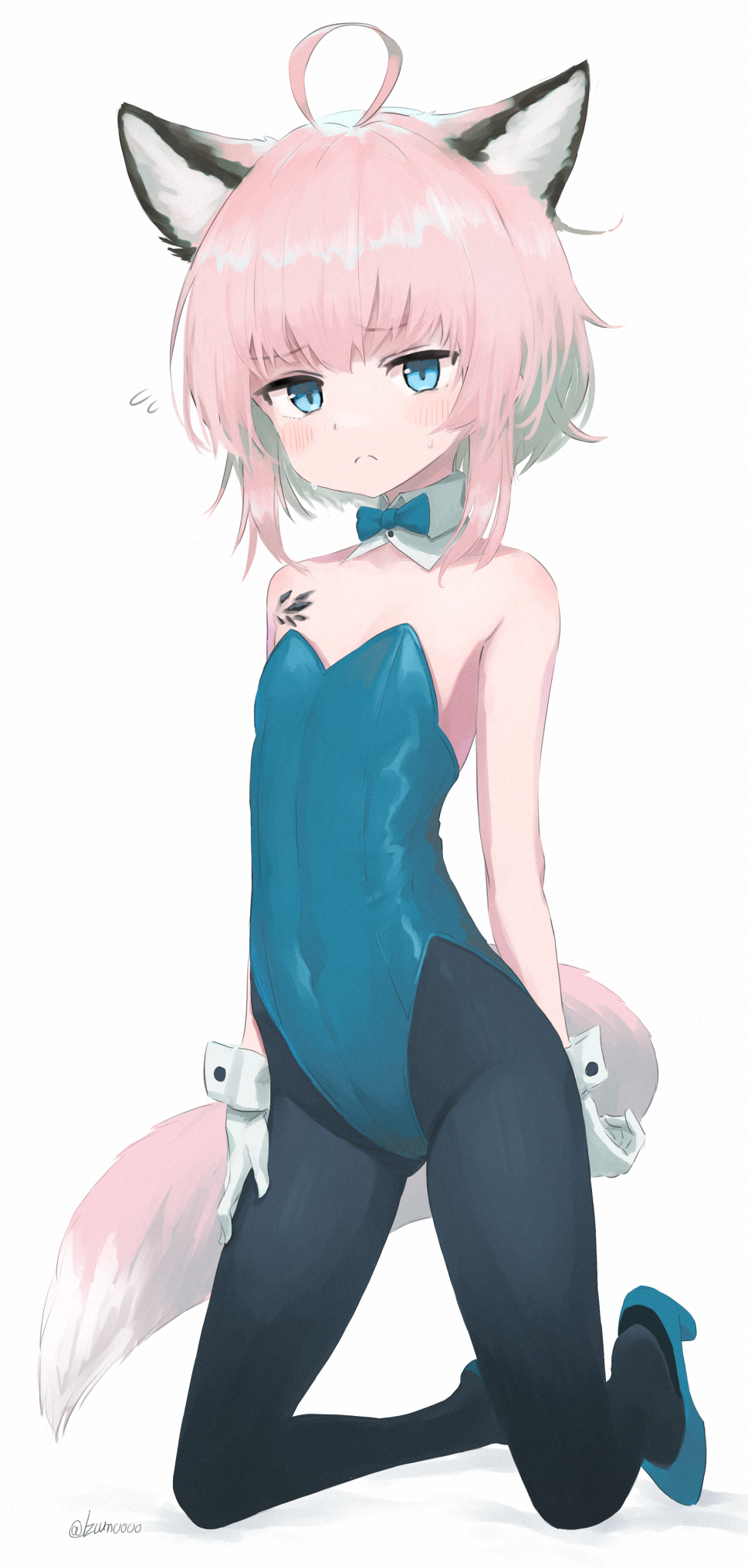 1girl ahoge animal_ear_fluff animal_ears arknights black_pantyhose blue_bow blue_bowtie blue_eyes blue_leotard blue_shoes blush bow bowtie closed_mouth collar commentary_request covered_navel detached_collar flying_sweatdrops full_body gloves grey_background groin high_heels highres izumo_(ton_63) leotard looking_at_viewer pantyhose pink_hair playboy_bunny shoes solo strapless strapless_leotard sussurro_(arknights) tail twitter_username white_collar white_gloves