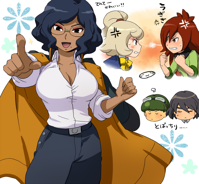 2boys 3girls anger_vein angry belt black_eyes black_hair blonde_hair breasts catherine_ruth cleavage collared_shirt danball_senki danball_senki_wars eye_contact eyeshadow jacket jacket_on_shoulders large_breasts lightning_glare long_hair looking_at_another looking_at_viewer makeup melissa_portman mizuhara_aki mole mole_under_mouth multiple_boys multiple_girls official_style okita_hinako pants pink_eyeshadow pointing ponytail red_hair shirt white_shirt