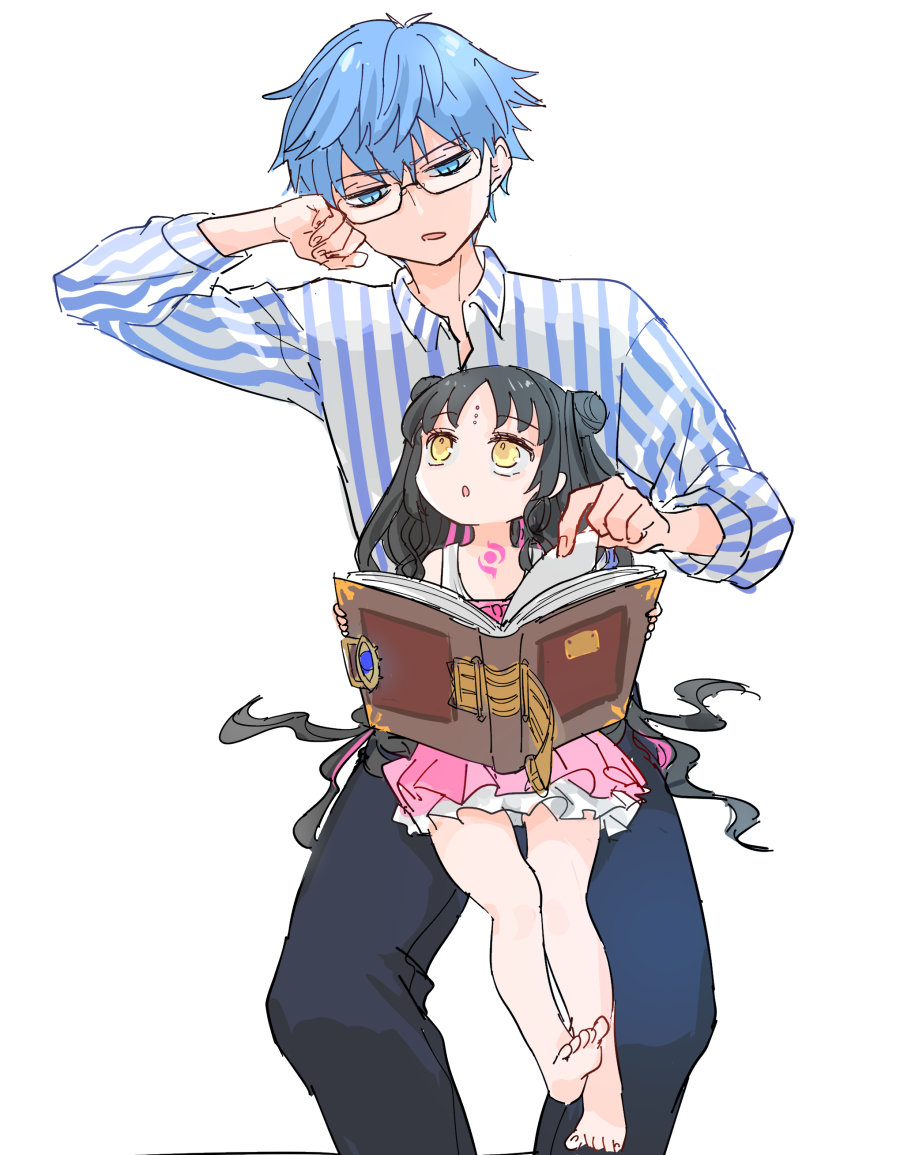 1boy 1girl black_hair black_pants blue_eyes blue_hair book child commentary_request double_bun dress facial_mark fate/grand_order fate_(series) forehead_mark frilled_dress frills glasses hair_bun hans_christian_andersen_(adult)_(fate) hans_christian_andersen_(fate) himeko_(nico6v6pachi) holding holding_book invisible_chair multicolored_hair pants pink_dress pink_hair sessyoin_kiara sessyoin_kiara_(lily) shirt short_hair sitting sitting_on_lap sitting_on_person streaked_hair striped_clothes striped_shirt two-tone_hair yellow_eyes