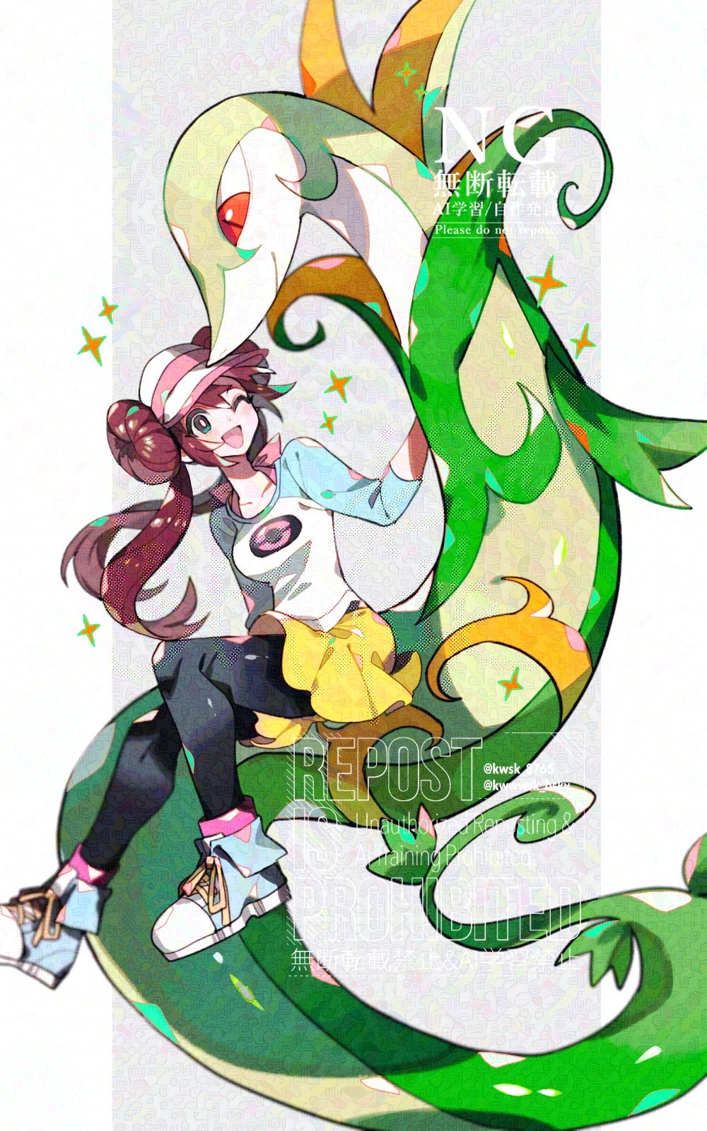 1girl black_pantyhose blue_eyes blush breasts brown_hair double_bun gen_5_pokemon hair_bun highres kawasaki_(kwsk_8765) long_hair nintendo open_mouth pantyhose pokemon pokemon_(creature) pokemon_bw2 rosa_(pokemon) serperior shirt shorts simple_background smile solo twintails visor_cap yellow_shorts