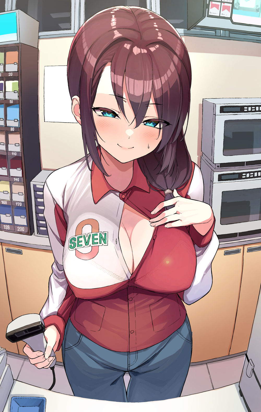 1girl 7-eleven barcode_scanner blush bra bra_visible_through_clothes brand_name_imitation breasts brown_hair button_gap cash_register cigarette_pack cleavage cleavage_reach clothes_pull collared_shirt commentary_request counter covered_erect_nipples cowboy_shot denim employee_uniform eyes_visible_through_hair fisheye green_eyes highres holding holding_barcode_scanner ishizaka_ryuudai jeans large_breasts long_hair long_sleeves looking_at_viewer microwave narrowed_eyes original pants pointy_breasts ponytail revision see-through_clothes shirt shirt_pull smile solo standing store_clerk sweatdrop thigh_gap unbuttoned unbuttoned_shirt underwear