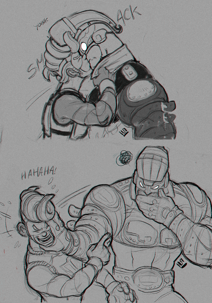2boys arms_(game) blush closed_eyes clothes_grab collar_grab covering_own_mouth ear_blush embarrassed grey_background greyscale helmet kiss laughing male_focus mask max_brass monochrome multiple_boys neckwear_grab no_pupils pointing pompadour pushing_away signature simple_background sora-mito spoken_squiggle spring_man_(arms) squiggle surprised yaoi