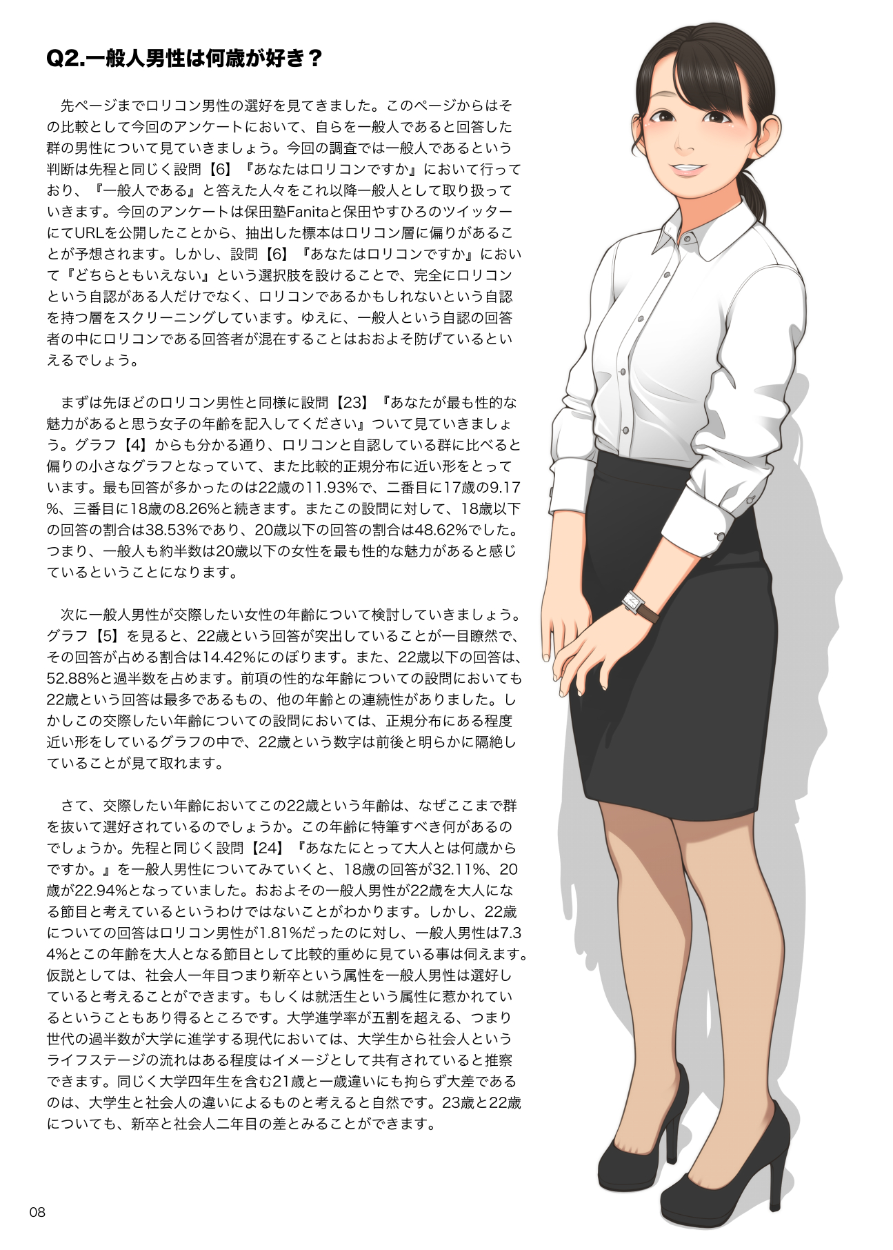 shinchou ni kansuru kousatsu, original, commentary request, highres,  translated, 1girl, black hair, black skirt, breasts, dark skin, full body,  grin, high heels, office lady, pencil skirt, ponytail, shirt, skirt, small  breasts, smile,
