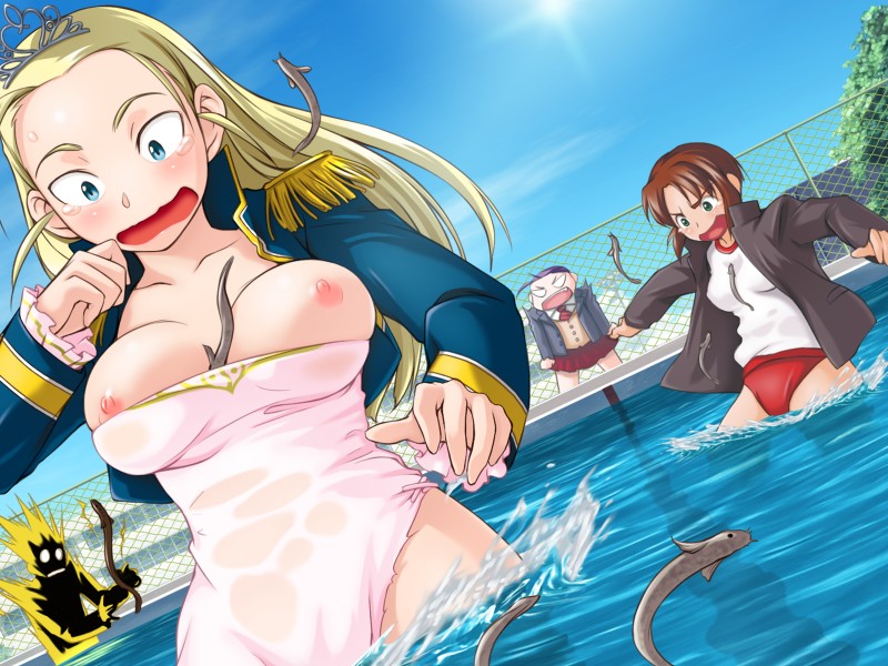 1boy 3girls angry artist_request between_breasts blonde_hair breasts brown_hair buruma eel electric_eel electricity ernestina_imbrie game_cg kouno_honoka multiple_girls nipples non-web_source oshikawa_rin pool salvatore! source_request tiara torn_clothes underwear water wet wet_clothes