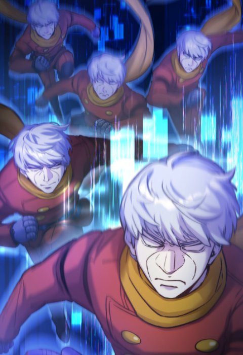 1boy albert_heinrich belt black_belt black_boots blank_eyes boots coat cyborg cyborg_009 dynamic_pose grey_hair hair_between_eyes looking_at_viewer mechanical_hands military_uniform pants red_coat red_pants running scarf short_hair soldier tanaotanako yellow_scarf