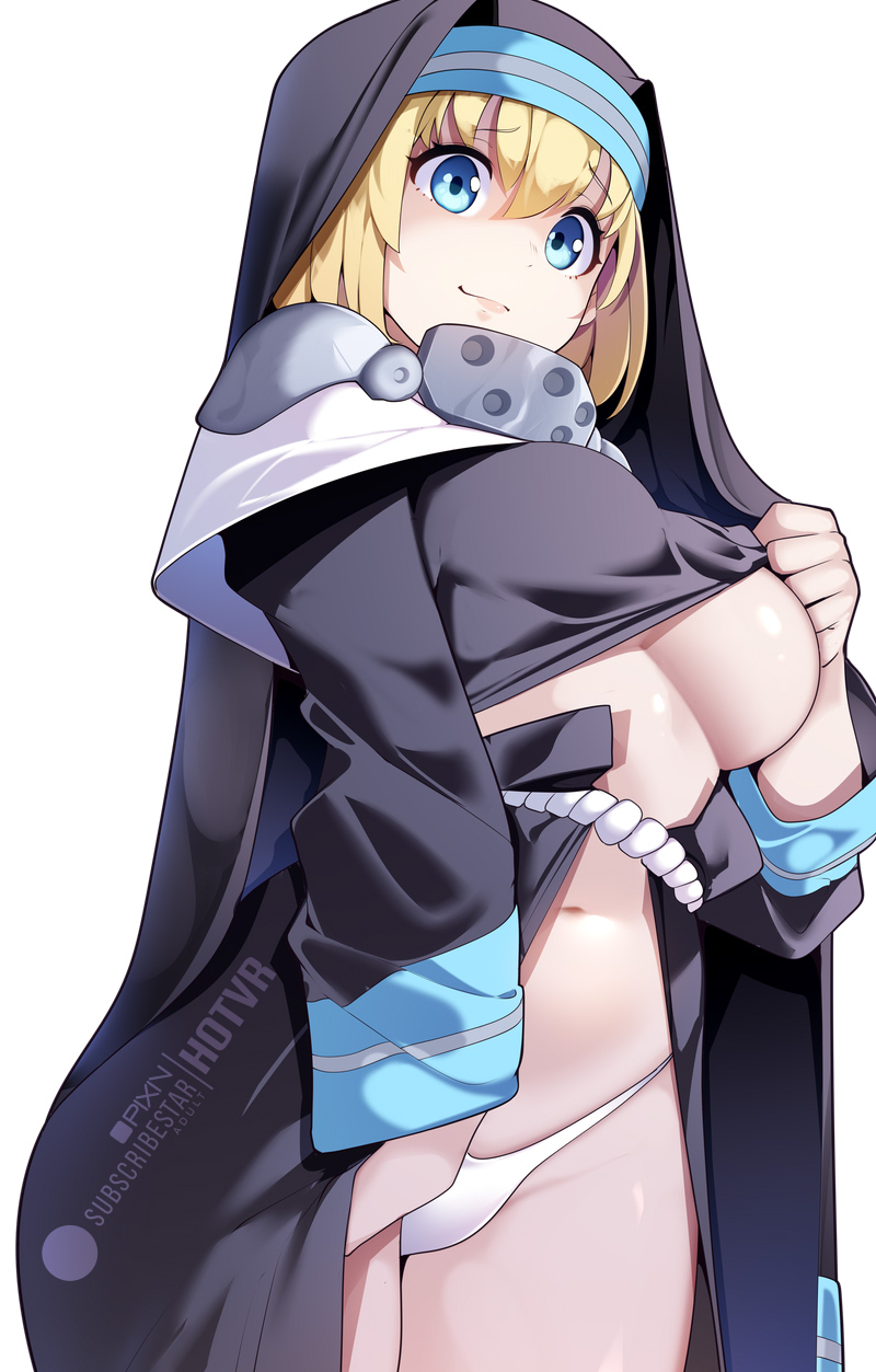 1girl blonde_hair blue_eyes breasts closed_mouth en&#039;en_no_shouboutai highres hot_vr iris_(en&#039;en_no_shouboutai) iris_(enen_no_shouboutai) long_sleeves looking_at_viewer medium_breasts navel nun panties pixiv_username simple_background solo subscribestar_logo subscribestar_username underboob underwear white_background white_panties