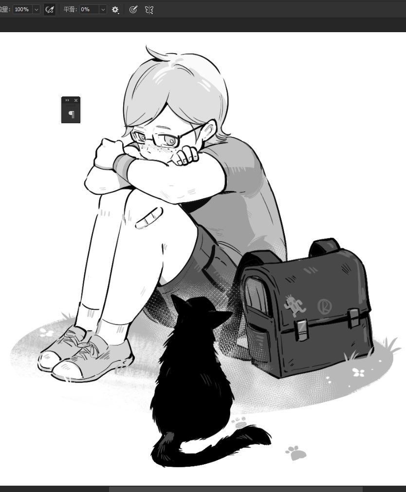 1boy aged_down aries20770321 art_program_in_frame bandaid bandaid_on_knee bandaid_on_leg bright_pupils cat child crossed_arms final_fantasy final_fantasy_xv freckles glasses greyscale knees_up leaning_forward looking_at_another looking_up male_focus monochrome on_grass outdoors paw_print plump prompto_argentum sabotender sad shirt shoes short_hair shorts sitting socks t-shirt wristband