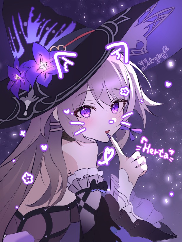 1girl bare_shoulders black_hat dalmyang detached_sleeves flower grey_hair hat hat_flower herta_(honkai:_star_rail) the_herta_(honkai:_star_rail) honkai:_star_rail honkai_(series) index_finger_raised long_hair long_sleeves looking_at_viewer nail_polish open_mouth purple_eyes purple_flower purple_nails solo upper_body very_long_hair witch_hat