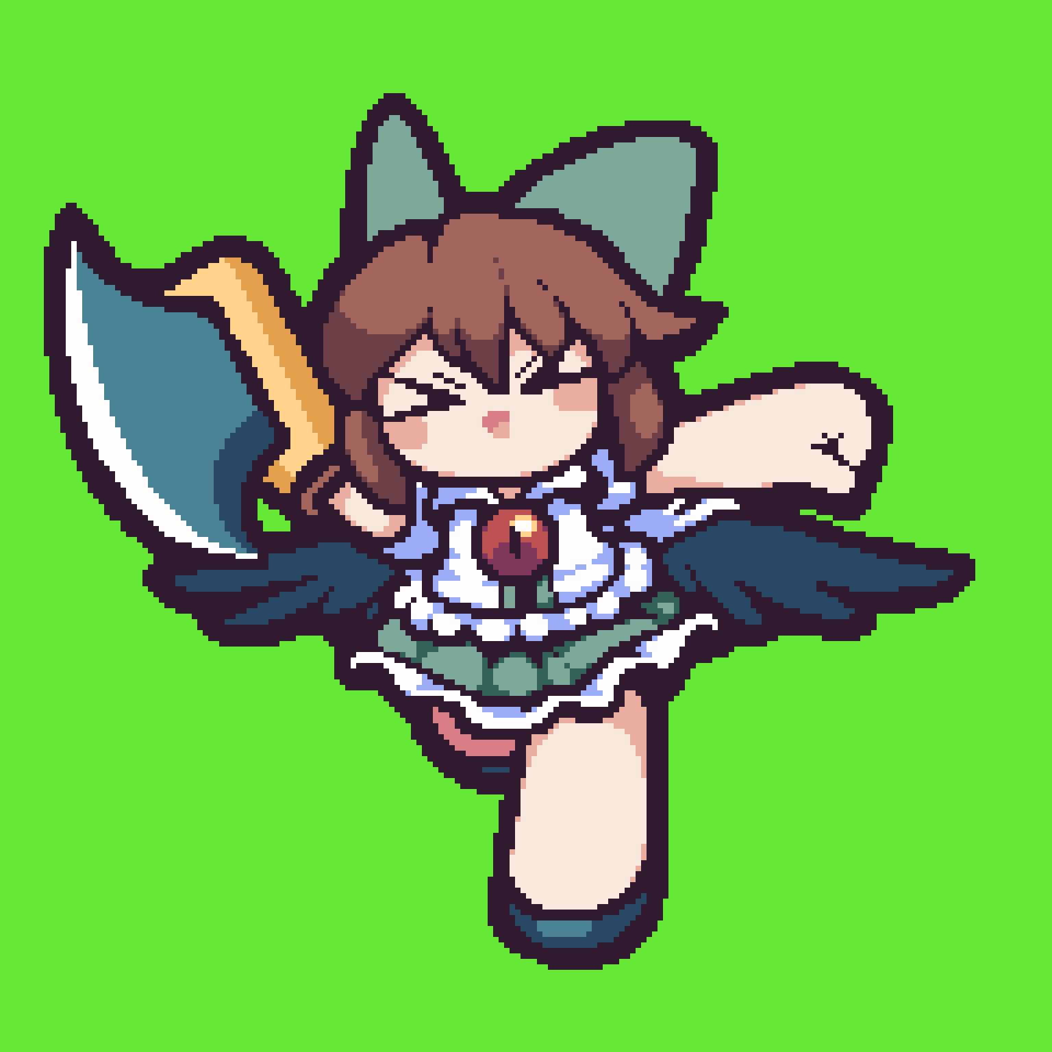 >_< 1girl :d animated animated_gif axe bird_wings black_wings blush bow brown_hair cape chibi collared_shirt commentary_request cookie_(touhou) frilled_skirt frills full_body green_background green_bow green_skirt hair_bow highres holding holding_axe long_hair looping_animation nadeko_(cookie) open_mouth pixel_art reiuji_utsuho running shirt simple_background skirt smile solo third_eye tonchamon_san touhou white_cape white_shirt wings xd