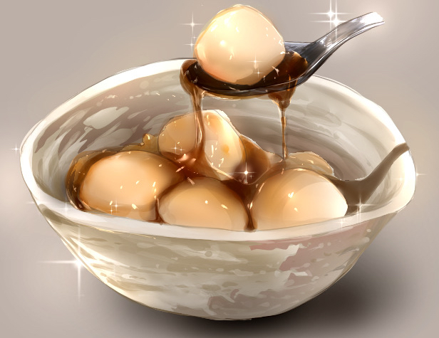 bowl commentary_request dango food food_focus grey_background mitarashi_dango no_humans original partial_commentary shadow shwm3477 soy_sauce sparkle sparkling_aura spoon still_life wagashi