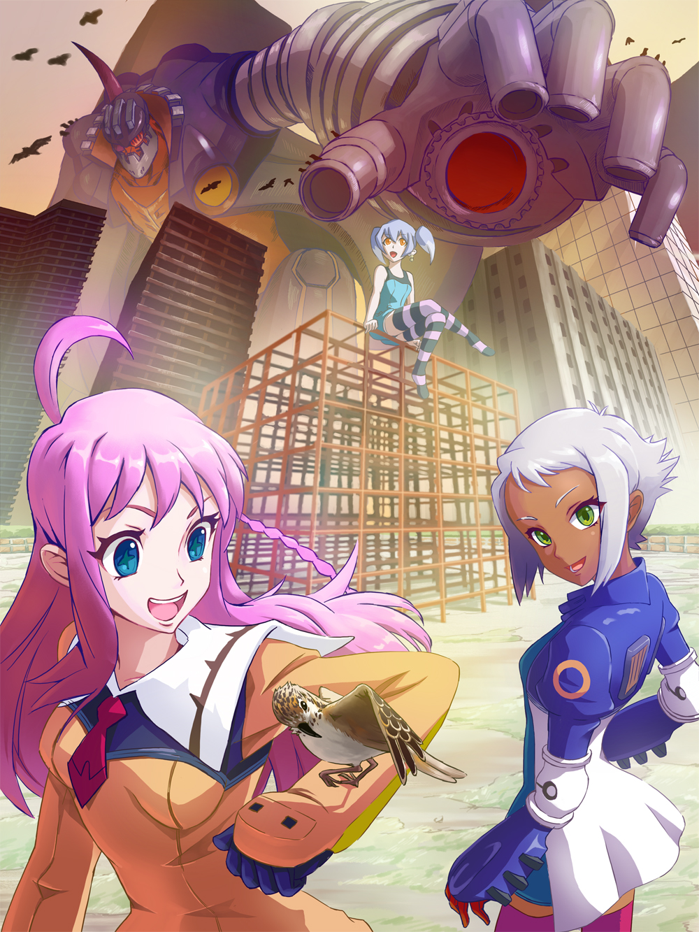 +_+ 00s 3girls ahoge ascot bird blue_eyes braid city cross-shaped_pupils dark-skinned_female dark_skin dix-neuf gloves green_eyes highres jacket jungle_gym lal&#039;c_mellk_mal long_hair mecha multiple_girls name_connection nono_(top_wo_nerae_2!) pink_hair pochi_(hiroe_keisuke) purple_hair robot romper short_hair sitting smile striped_clothes striped_legwear striped_thighhighs super_robot symbol-shaped_pupils thighhighs thumb_hole top_wo_nerae! top_wo_nerae!_(series) top_wo_nerae_2! twintails tycho_science white_hair yellow_eyes