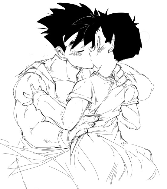 1boy 1girl black_hair blush couple dragon_ball hug kiss muscular muscular_male short_hair sketch son_gohan spiked_hair surprise_kiss surprised videl white_background