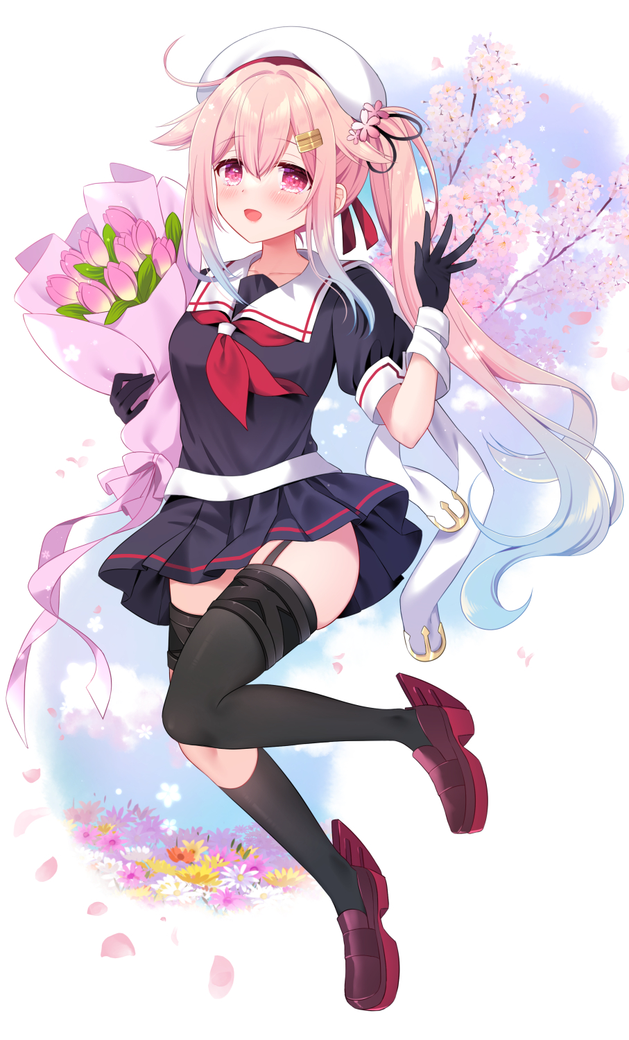 1girl beret black_gloves black_sailor_collar black_shirt black_skirt black_thighhighs blue_hair bouquet commentary_request flower full_body gloves gradient_hair harusame_(kancolle) harusame_kai_ni_(kancolle) hat highres kantai_collection long_hair multicolored_hair neckerchief pink_hair red_neckerchief ringo_sui rudder_footwear sailor_collar shirt side_ponytail single_thighhigh skirt solo thigh_strap thighhighs white_hat white_sailor_collar