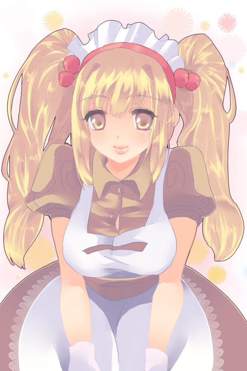 1girl apron blush breasts brown_dress brown_sash closed_mouth collared_dress commentary_request cowboy_shot curly_sue draw2_(milkcrown) dress gloves hair_bobbles hair_ornament highres kafra_uniform leaning_forward long_hair looking_at_viewer maid maid_headdress medium_breasts puffy_short_sleeves puffy_sleeves ragnarok_online short_sleeves smile solo white_apron white_background white_gloves yellow_eyes