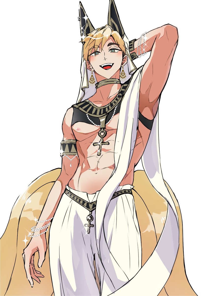 1boy abs ancient_egyptian_clothes animal_ears arm_behind_head arm_up armlet armpits bare_pectorals belt black_hair blonde_hair bracelet collarbone commentary_request earrings grey_eyes haikyuu!! highres jackal_ears jewelry l192187 long_veil male_focus miya_atsumu multicolored_hair multiple_bracelets navel necklace open_mouth pants pectorals short_hair sitting solo sparkle standing teeth toned toned_male tongue two-tone_hair upper_teeth_only veil white_pants white_veil