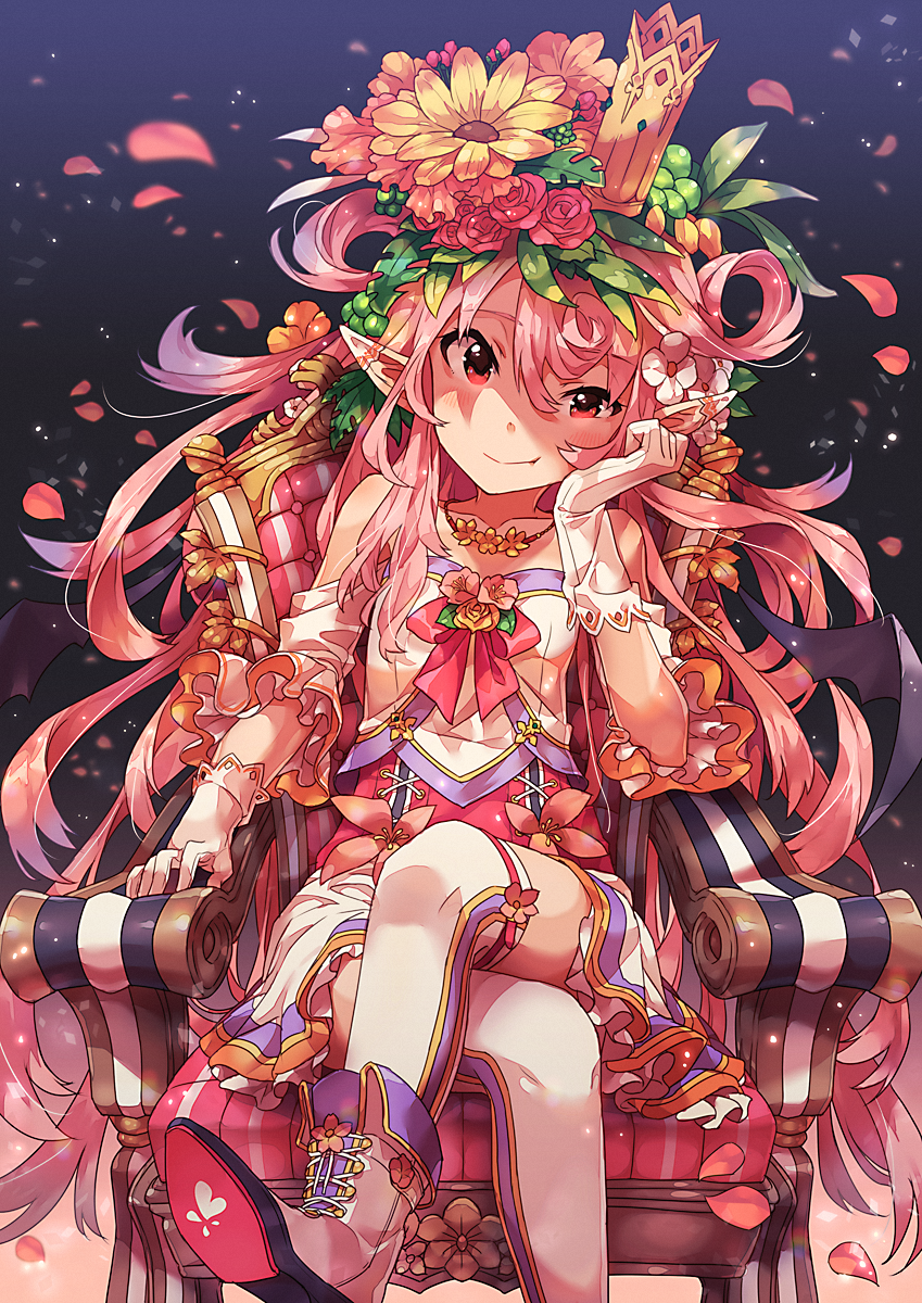 1girl boots chair collarbone crown female_focus flower gloves hair_flower hair_ornament head_on_hand highres jewelry long_hair looking_at_viewer narumi_arata necklace original pink_eyes pink_hair pointy_ears recri_(narumi_arata) sitting smile solo thighhighs white_gloves white_thighhighs