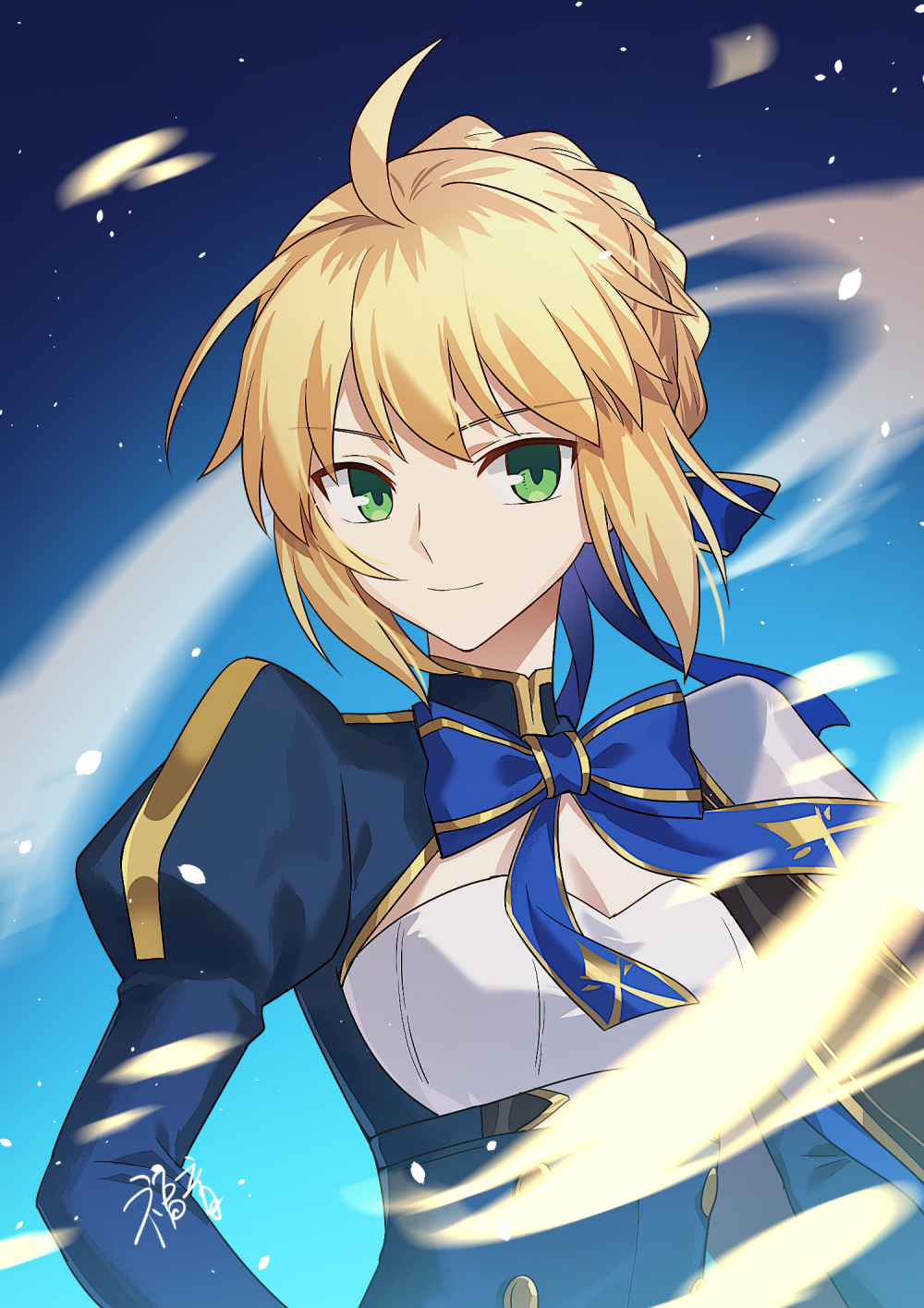 1girl ahoge artoria_pendragon_(fate) blonde_hair blue_background blue_bow blue_bowtie blue_dress blue_ribbon bow bowtie braid commentary_request dress fate/stay_night fate/unlimited_blade_works fate_(series) floating_hair gogatsu_fukuin gold_trim green_eyes hair_ribbon highres honkai:_star_rail honkai_(series) juliet_sleeves long_hair long_sleeves looking_at_viewer official_alternate_costume puffy_sleeves ribbon saber_(fate) saber_(honkai:_star_rail)_(fate) short_hair simple_background smile solo very_long_hair