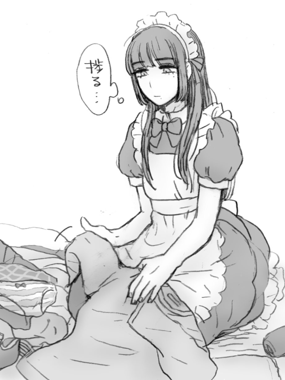 1boy apron arisa_(yuki_touko) blunt_bangs bow bowtie crossdressing crossdressing_(mtf) expressionless folding_clothes greyscale highres hime_cut holding holding_shirt holding_unworn_clothes long_hair looking_at_object looking_down maid_apron maid_headdress male_focus mole mole_under_eye mole_under_mouth monochrome original panties puffy_short_sleeves puffy_sleeves shirt short_sleeves solo speech_bubble thought_bubble trap underwear unworn_clothes unworn_panties unworn_shirt yuki_touko