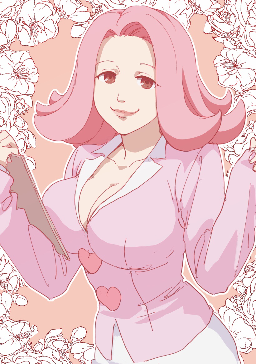 1girl ace_attorney april_may breasts brown_eyes buttons cleavage clipboard closed_mouth commentary_request flipped_hair flower hands_up heart_button holding holding_clipboard jacket large_breasts long_sleeves looking_at_viewer phoenix_wright:_ace_attorney pink_hair pink_jacket pink_lips short_hair skirt smile solo taba_(tb_gya) white_flower white_skirt