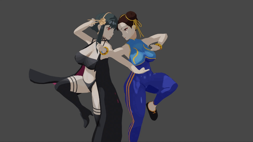 2girls 3d animated animated_gif ass breasts capcom chun-li commission crossover grey_background huge_ass large_breasts multiple_girls non-web_source simple_background spy_x_family standing standing_on_one_leg street_fighter yor_briar