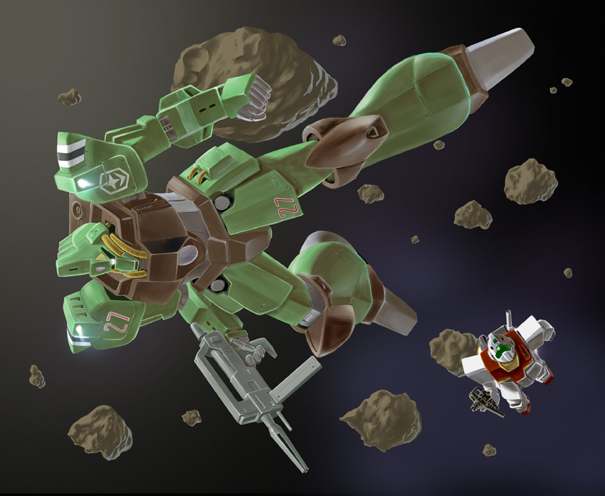 asteroid galbaldy_beta gm_ii gun gundam holding holding_gun holding_weapon mecha nagase_mizuchi no_humans robot space weapon zeta_gundam