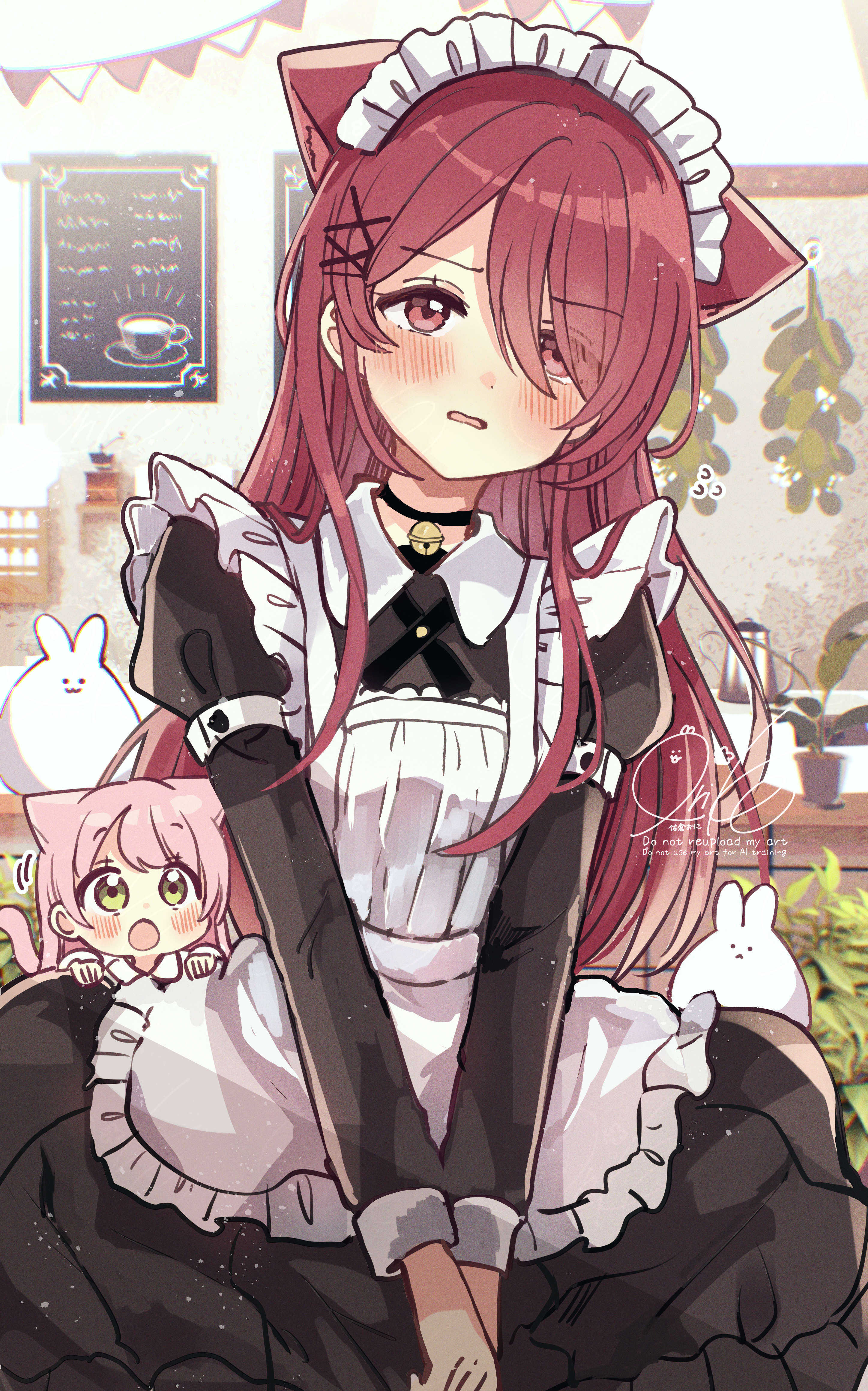 2girls :o absurdres alternate_costume animal animal_ears animal_ears_helmet animal_helmet apron bell black_choker black_dress blush cat_ears cat_girl cat_tail chibi choker collared_dress commentary_request dress enmaided flying_sweatdrops frilled_apron frilled_dress frills fushigi_na_neko_no_machi_meltier green_eyes hair_ornament hair_over_one_eye hairclip highres indoors jingle_bell layered_sleeves long_hair long_sleeves maid maid_apron maid_headdress mini_person minigirl moco_(fushigi_na_neko_no_machi_meltier) multiple_girls nagi_(fushigi_na_neko_no_machi_meltier) neck_bell open_mouth parted_lips pennant pink_hair puffy_short_sleeves puffy_sleeves rabbit red_eyes red_hair sakura_oriko short_over_long_sleeves short_sleeves signature string_of_flags tail very_long_hair watermark window x_hair_ornament