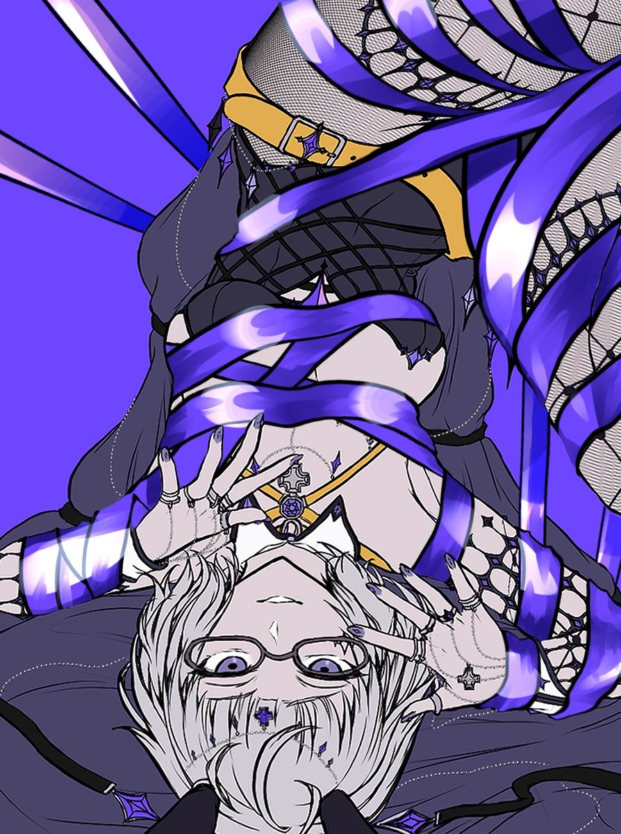 1girl belt black_dress black_jacket blue_eyes breasts cleavage cropped_jacket dress fate/grand_order fate_(series) glasses grey_hair grin highres hood hooded_jacket jacket jacques_de_molay_(foreigner)_(fate) jacques_de_molay_(foreigner)_(second_ascension)_(fate) jewelry large_breasts long_sleeves looking_at_viewer open_clothes open_jacket purple_ribbon ribbon ring satou_nui short_dress short_hair smile solo thighs upside-down