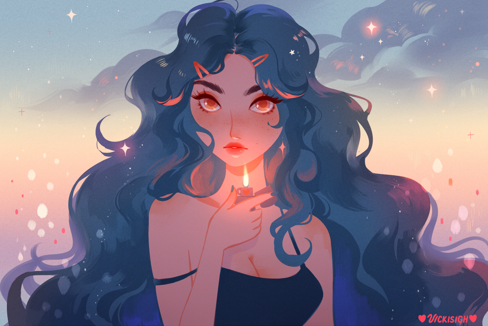 1girl artist_name black_hair black_tank_top breasts cleavage commentary curly_hair english_commentary eyebrows_hidden_by_hair freckles hair_ornament hairclip holding holding_lighter lighter long_hair medium_breasts orange_eyes original red_lips solo spaghetti_strap sparkle strap_slip tank_top upper_body vicki_tsai zippo_lighter