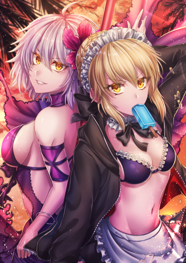 2girls ahoge apron arm_strap artoria_pendragon_alter_(swimsuit_rider)_(fate) artoria_pendragon_alter_(swimsuit_rider)_(second_ascension)_(fate) artoria_pendragon_(fate) back-to-back bikini bikini_top_only black_bikini black_jacket black_skirt blonde_hair bra braid braided_bun breasts choker cleavage fate/grand_order fate_(series) flower food frilled_apron frilled_bikini frilled_bikini_top frilled_skirt frills grin hair_between_eyes hair_bun hair_flower hair_ornament holding holding_polearm holding_spear holding_weapon hood hood_down hooded_jacket jacket jeanne_d&#039;arc_(fate) jeanne_d&#039;arc_alter_(avenger)_(fate) jeanne_d&#039;arc_alter_(fate) kamuinii large_breasts long_sleeves looking_at_viewer maid maid_bikini maid_headdress medium_breasts midriff miniskirt mouth_hold multiple_girls navel open_clothes open_jacket polearm popsicle purple_bra red_flower saber_alter short_hair sideboob silver_hair skirt smile sparkle spear standing stomach swimsuit unconventional_maid underwear unzipped v-shaped_eyebrows waist_apron weapon white_apron yellow_eyes