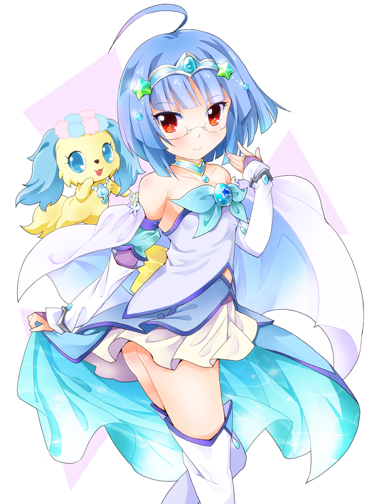 1girl ahoge bad_id bad_pixiv_id blue_hair boots bow creature dress glasses hair_ornament jewelpet_(series) jewelpet_twinkle jewelry magical_girl necklace ratryu red_eyes sapphie_(jewelpet) sara_(jewelpet_twinkle) short_hair thigh_boots thighhighs white_footwear